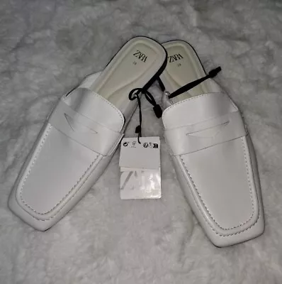 ZARA Women's White Leather Slip On Almond Toe Flat Loafers Size EUR38 US7.5 NEW • $42.49