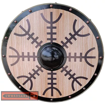 Viking Runes Helm Of Awe Aegishjalmur Norse God Of War Wood Round Shield Steel • $79.99