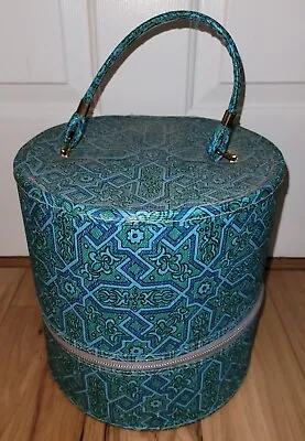 Vintage Mod Teal Floral Wig Hat Carrying Box Case W/ Zipper Handles Geometric • $53.99