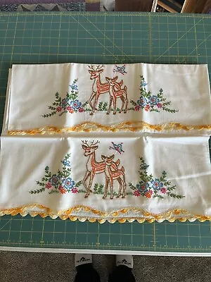 Set Of 2-Vintage Embroidered Pillow Cases Crocheted Edge Deer & Fawn • $22.50