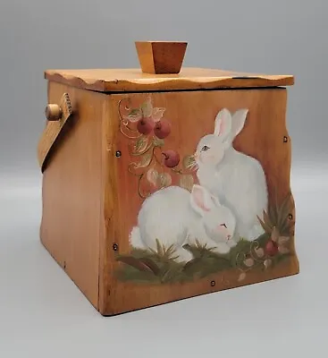 Vtg Wooden Cannister Salt Storage Box Bunny Rabbit Lidded Handle Hand Painted • $22