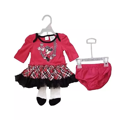 Disney Baby Minnie Girls 0 3 Months Dress Tights Pullover Red Black 3P Set  • $12.69