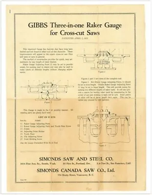 Gibbs Three-in-one Raker Gauge & Crosscut Saw Jointer  Directions  Copy  • $7.95