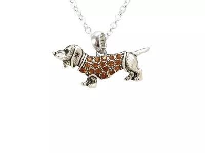 Dachshund Wiener Dog Breed Amber Rhinestone Crystal Charm Silver Chain Necklace • $16.18