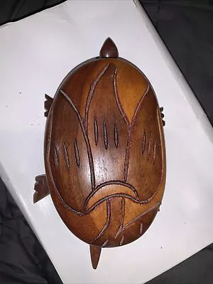 Vtg Wooden Turtle Hand Carved Wood Trinket Jewelry Box Removable Top Flower Lid • $25