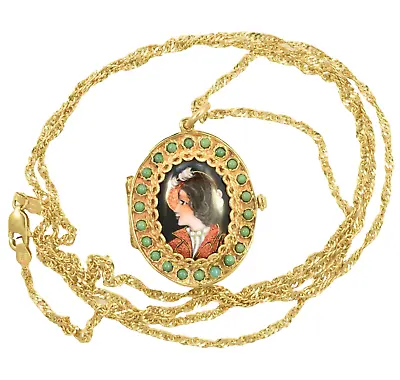 Vintage SOLID 14k Gold  French Cloisonne 4 Picture Locket  Solid  14k Rope Chain • $1745