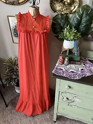 Vintage 60s 70s Orange Lace Ruffle Maxi Long Nylon Night Gown Sz M As Is • $14