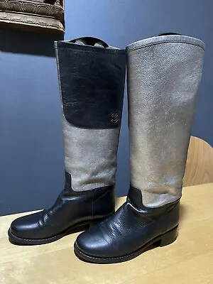 Chanel Knee High Riding Boots Silver Metallic & Black Leather Size 39 • £290