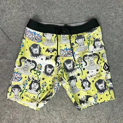 Volcom Stoneys Mens Board Shorts 33 Yellow White Swim Trunks Spirit Animal Print • $24.98