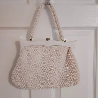 Vintage Plastic Beaded Purse Handbag With Beaded Handle Metal Closure Off White • $12.95