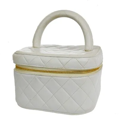 CHANEL Logo Matelasse Vanity Hand Bag Leather White GHW France Vintage 96RH435 • $718.20