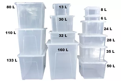 Plastic Storage Boxes Clear With Black Lids Home Office Stackable Strong Quality • £17.99