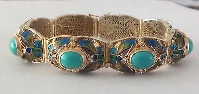 Vintage Chinese 835 Silver Filigree Enamel Turquoise Bracelet • $199.99