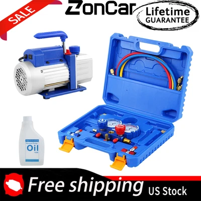 $105.84 • Buy 4CFM 1/3HP Air Vacuum Pump HVAC A/C Refrigeration Tool Meter Kit AC Auto Repair