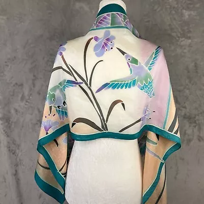 Hand Painted Silk Scarf 16 X57  Rectangle Hummingbird Teal Light Weight Chiffon • $45