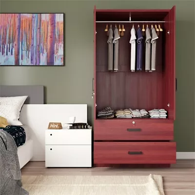 Better Home Products Grace Wood 2-Door Wardrobe Armoire With 2-Drawers Mahogany • $239.74