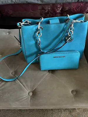 Michael Kors Tile Blue Cynthia MD Satchel With Matching Continental Wallet • $149