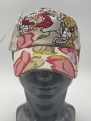 Don Ed Hardy Skull And Girl Snapback Pink Tulips Trucker Hat W/ Rhinestones NWT • $34.49