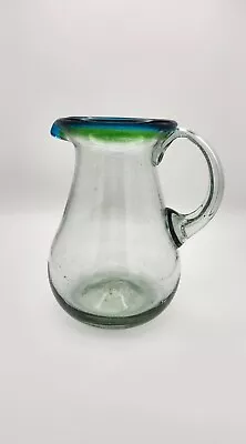 Mexican Handblown Art Glass Large Pitcher Cobalt Blue & Green Rimmed  9.25  Tall • $24.95