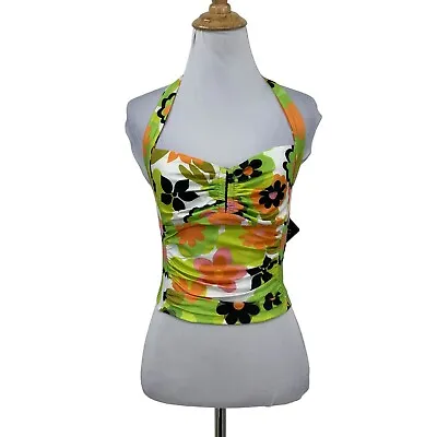 Zaful Halter Crop Top Womens S Small Lime Green Floral Gathered Split Front • £14.49