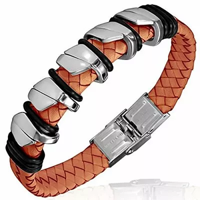 Stainless Steel White Braided Leather Mens Bracelet • $19.99