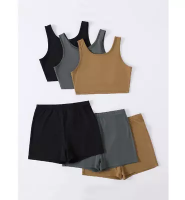 3 Piezas Conjuntos Deportivos Para Mujer Sets Tops Y Pantalones Cortos Unicolor • $40.04