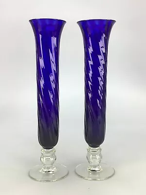 Pair Of Vintage Cobalt Blue Art Glass Stem Vases • $28