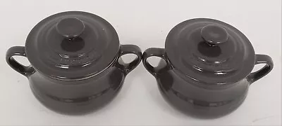 Pair Of Le Creuset Stoneware Soup Bean Bowls In Grey Twin Handles With Lids Used • £9.99