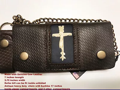 Cow Leather JESUS CHRIST CROSS Motorcycle Biker Chain Wallet Inside Zipper • $18.99