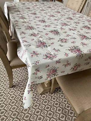 Vintage Rectangle Tablecloth White Aqua Stripe Floral 61 X 83 • $20