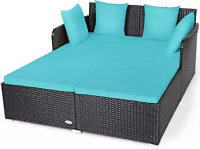 Outdoor Patio Day Bed Lounge Chair W Cushion Rattan Wicker Loveseat Sofa Blue • $235.14