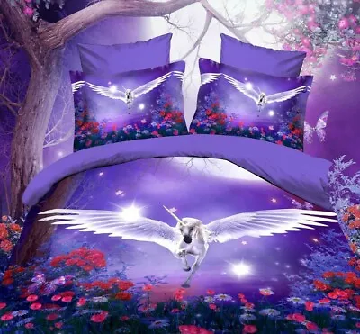 $50.49 • Buy Purple Unicorn Floral Doona/Duvet Quilt Cover Set Queen King Size Bed Pillowcase