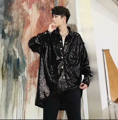 Mens Youth Chic Designer Glitter Sequin Loose Oversize Long Shirt Party Tops New • $48.53