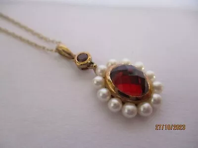 9ct Gold Pearl And Garnet Pendant Necklace VGC Boxed. • £89
