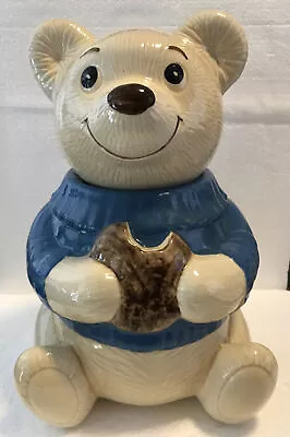 Vintage Metlox Teddy Bear Cookie Jar Ceramic Blue Sweater 11  Poppytrail CA USA • $43