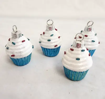 Mini Cupcake Christmas Ornaments Glass Blue Wrapper Sprinkles Sweets Bakery Set • $12.99