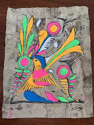 Vintage Mexican Amate Bark Paper Hand Painted Folk Art Neon Bird 1970’s • $15