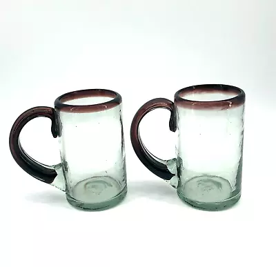 Mexican Glasses Purple Rim Blown Glass Cups Mugs With Handles Set Of 2 • $29.99