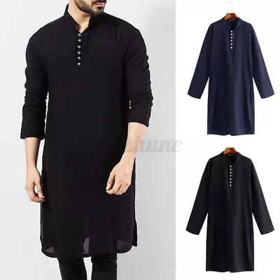 UK STOCK Mens Long Sleeve Formal Tunic Shirt Tops Bluse Kaftan Kurta Tunic Dress • £11.78