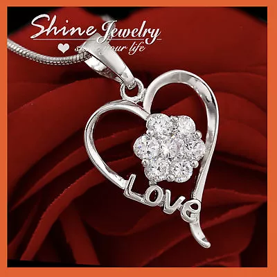 9k Gold Gf Love Heart Cz Flower Filigree Pendant Silver Chain Necklace Her Gift • $12.99