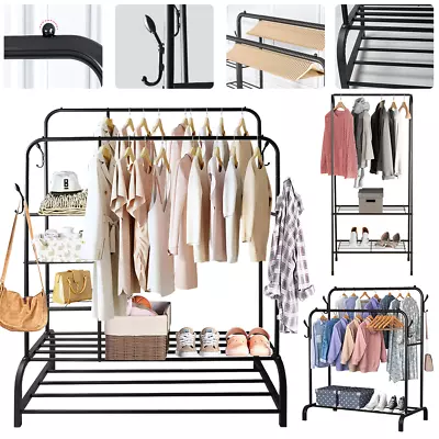 Heavy Duty Double Clothes Rail Hanging Rack Garment Display Stand Storage Shelf • £11.99