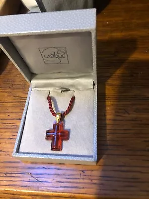 Lalique Crystal Cross Pendant With Silky Cord. Red Crystal. Excellent Condition. • £80