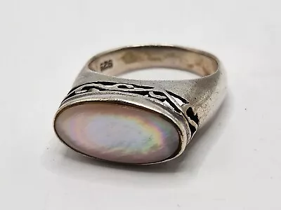 Sz 9 Sterling Silver Ring Swirl Openwork Setting Oval Mother Of Pearl Abalone • $24.99