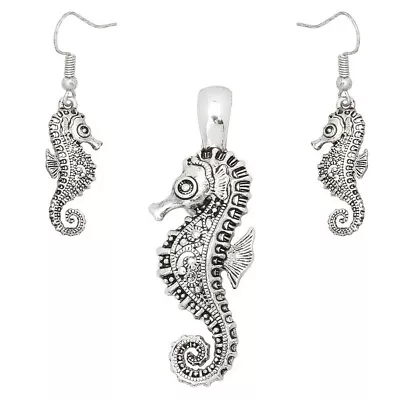 Sea Horse Pendant SET Necklace Earrings Filigree Crystal Seahorse Jewelry SILVER • $12.99