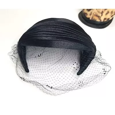 1940s John W Thomas Fascinator Veiled Black Hat Headband Design Mini Pearl Accen • $70