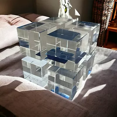 Art Glass Modern Art  3D Cube Optical Cut Glass Sculpture 3.5 “ Blue Clear • $95