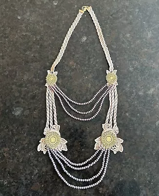 Lenora Dame Lace Gold Medallion Purple Bead Boho Braided Layered Necklace 36” • $45