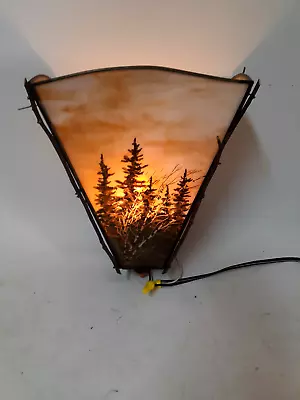Vintage Rustic Wall Sconce Slag Glass W/ Handpainted Pine And Birch Trees • $110