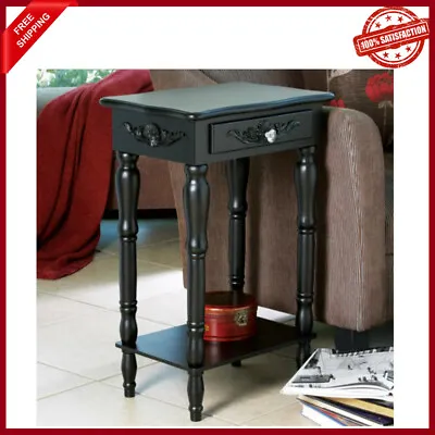 $104.66 • Buy Black Turned Wood Distressed Bedside Shabby Accent End Table Nightstand Drawer
