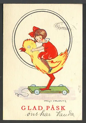 Swedish Mini Postcard 1932 Signed Margit Carlbring Girl On Chick Toy - VG+/EX • $9.99